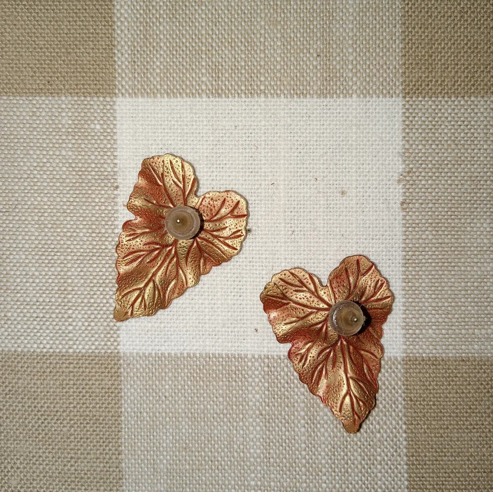 Gold & Red Metallic Leaf Stud Earrings - Picture 2 of 2